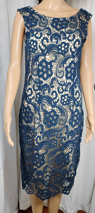 Moon Dresses & Skirts - Crochet Lace Sheath Dress Midi Sleeveless V Back Nude Lining Cocktail Wedding